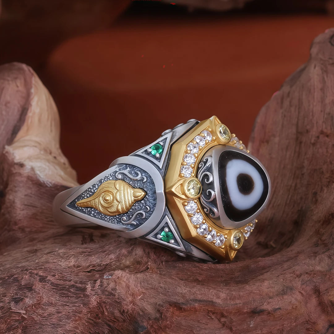 Prosperity Beads ring with hand-painted mongoose details, reflecting authentic Tibetan Buddhist Jewelry Culture and jewelry art.