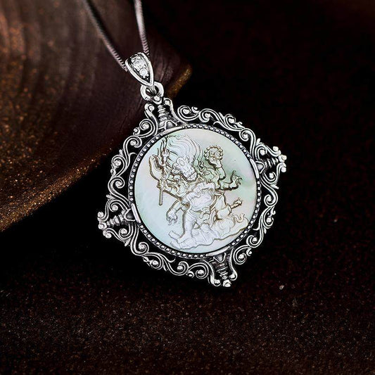 Unisex Tibetan Six-Armed Mahakala pendant with black baige in S925 silver, ethnic necklace for protection and spiritual energy, Tibetan Buddhist Jewelry Culture Jewelry art