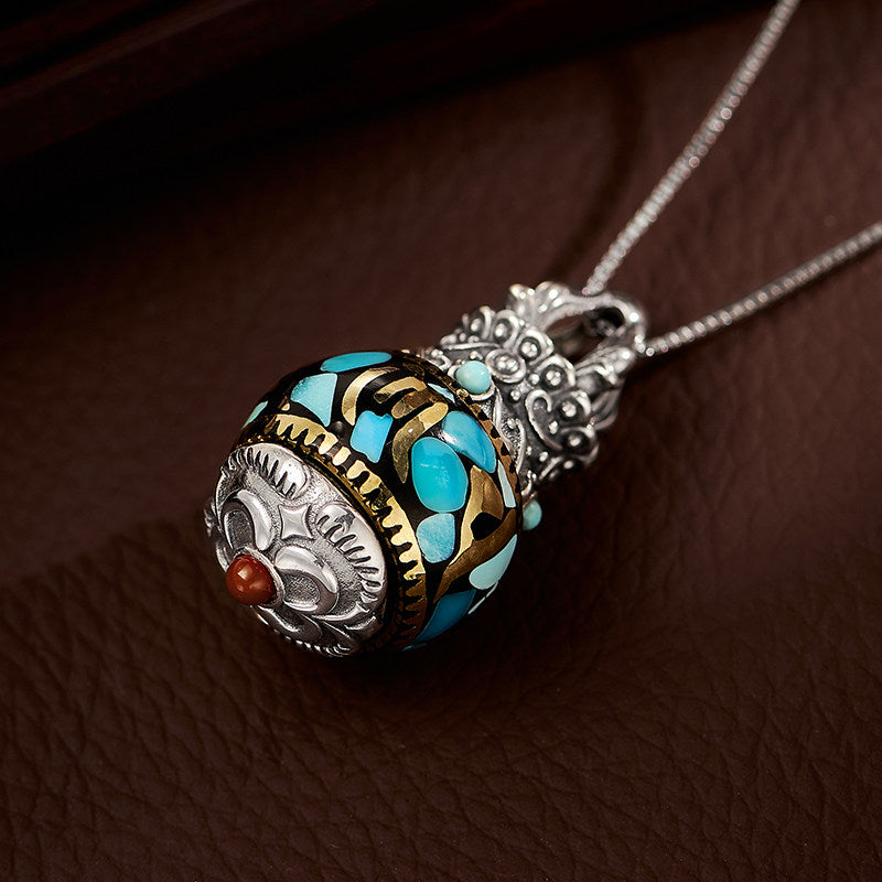 Handmade silver and copper Vajra Stupa pendant with turquoise, vintage Tibetan unisex necklace, protective spiritual amulet, Tibetan Buddhist Jewelry Culture Jewelry art