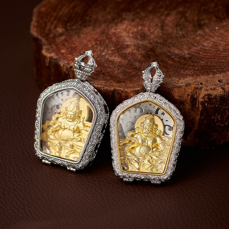 Handmade silver and copper Yellow Jambhala crystal pendant, vintage Tibetan unisex necklace, guardian talisman for wealth, Tibetan Buddhist Jewelry Culture Jewelry art