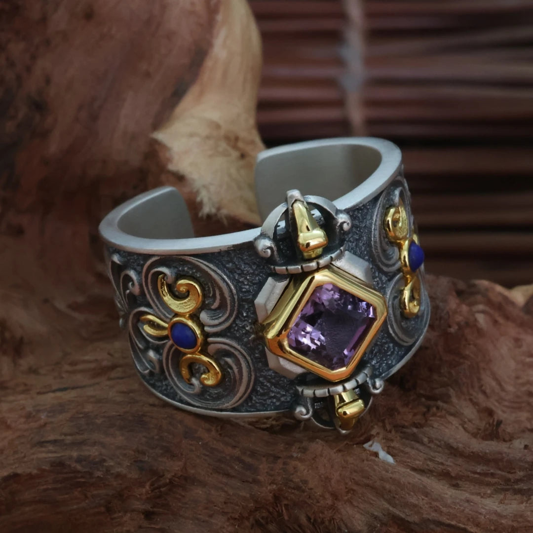 Fine jewelry art protection amulet ring with a Vajra symbol, handcrafted in the tradition of Tibetan Buddhist Jewelry Culture.
