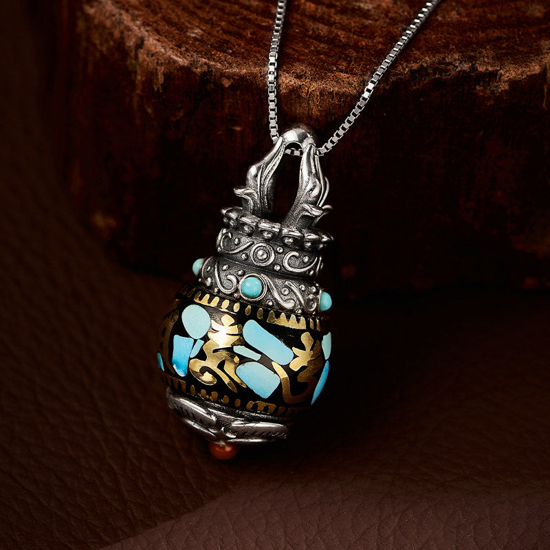 Unisex Tibetan Vajra Stupa pendant with turquoise in silver and copper, ethnic necklace for protection and spiritual energy, Tibetan Buddhist Jewelry Culture Jewelry art
