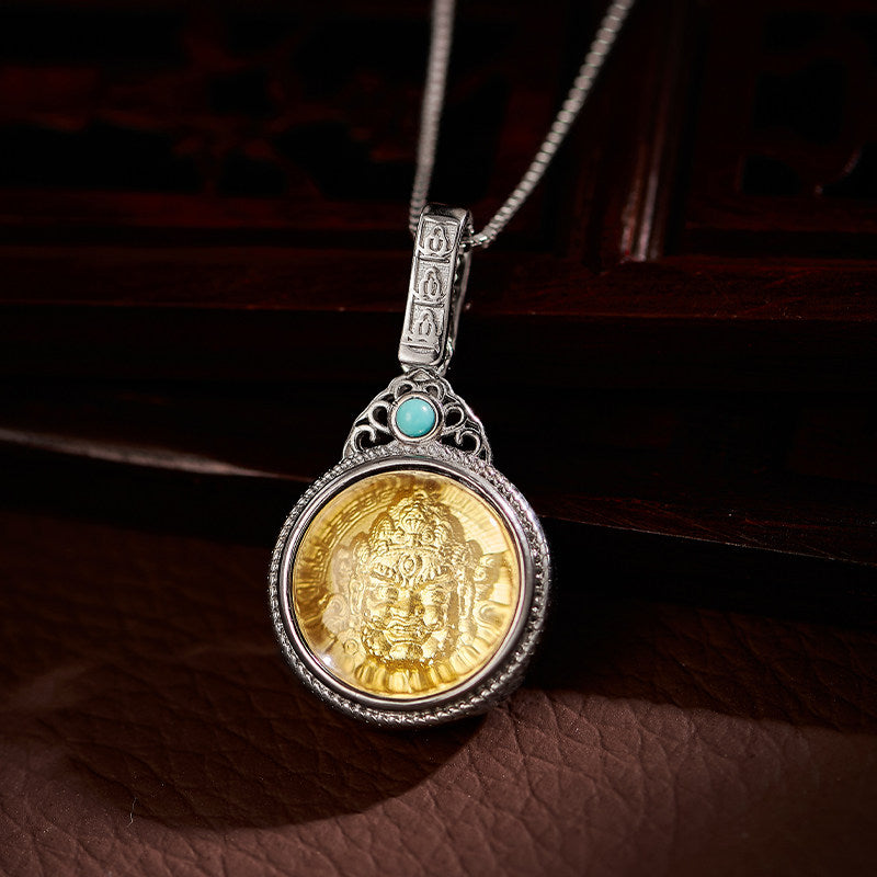 Modern Chinese style 3D Yellow Jambhala silver copper pendant, unisex fashion necklace for luck and protection, Tibetan Buddhist Jewelry Culture Jewelry art