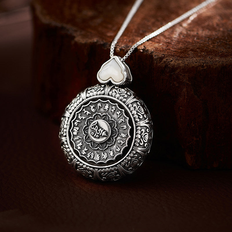 Ethnic Bhaisajyaguru silver copper rotating pendant necklace, unisex spiritual talisman for daily wear, Tibetan Buddhist Jewelry Culture Jewelry art