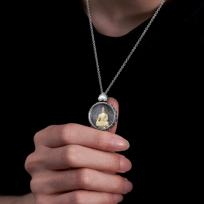 Vintage Tibetan Bhaisajyaguru silver copper pendant, unisex rotating spiritual necklace for protection and mindfulness, Tibetan Buddhist Jewelry Culture Jewelry art