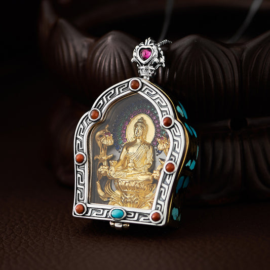 Vintage Tibetan-style Bhaisajyaguru Gau Box pendant in silver and copper with turquoise, unisex necklace for spiritual protection and blessings, Tibetan Buddhist Jewelry Culture Jewelry art
