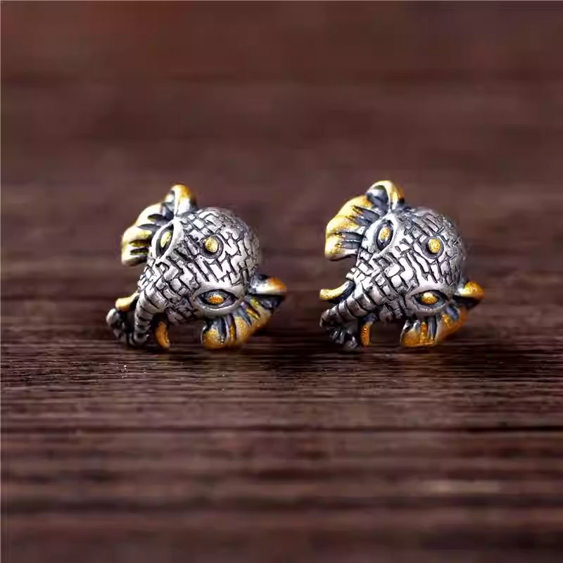 Traditional Elephant silver gold-plated earrings, handmade for premium spiritual Jewelry art and peace.