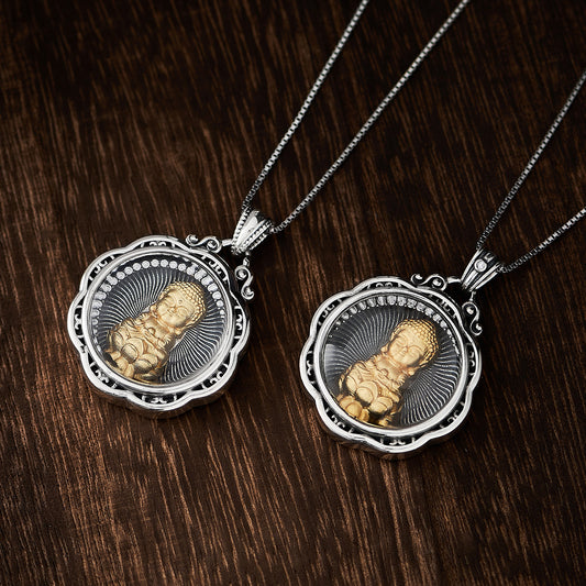 Vintage style Amitabha Buddha pendant crafted in S925 silver copper with clear quartz, Tibetan Buddhist jewelry art offering blessings and inner peace.