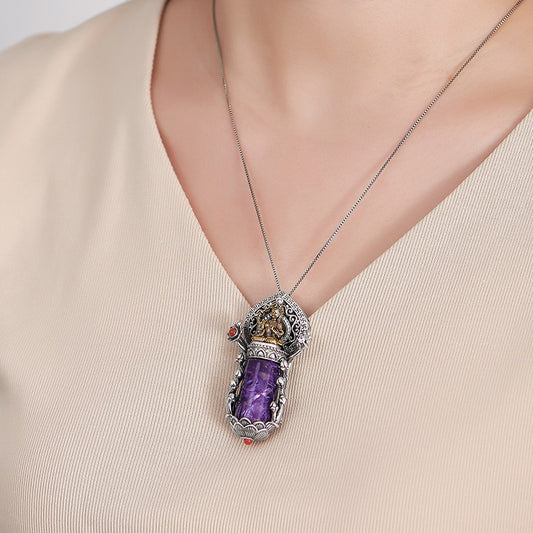 Vintage ethnic Manjushri pendant crafted with S925 silver copper and purple charoite, Tibetan Buddhist jewelry art offering blessings and protection.