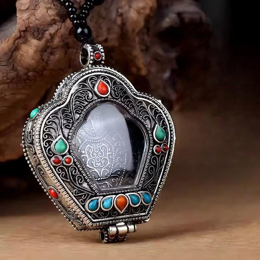 Tibetan-Buddhist Silver Travel Shrine Gau Box: Handmade Jewelry Art