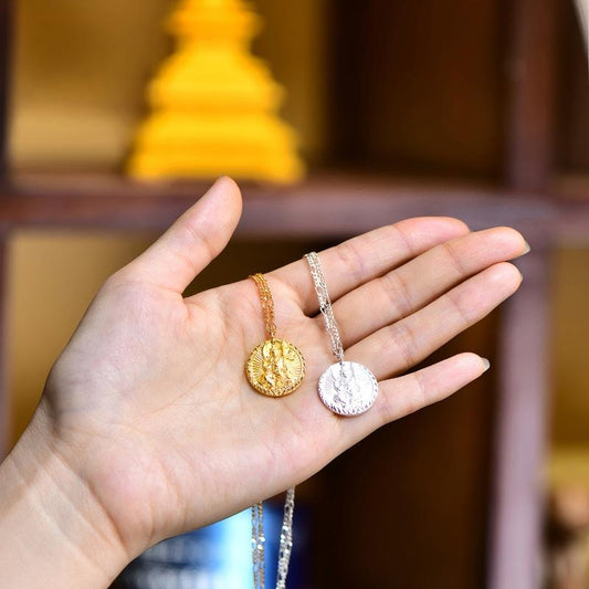 Traditional Wealth Buddha silver gold-plated necklace, handmade for premium spiritual Jewelry art and financial luck.