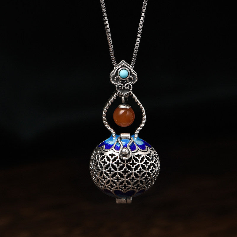 Vintage Tibetan gourd hollow silver openable pendant, carved Gau Box necklace for daily blessings, Tibetan Buddhist Jewelry Culture Jewelry art