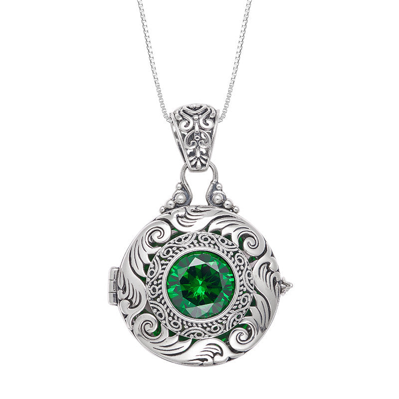 Vintage Tibetan green zircon silver openable Gau Box pendant, unisex necklace for storing sacred items and charms, Tibetan Buddhist Jewelry Culture Jewelry art