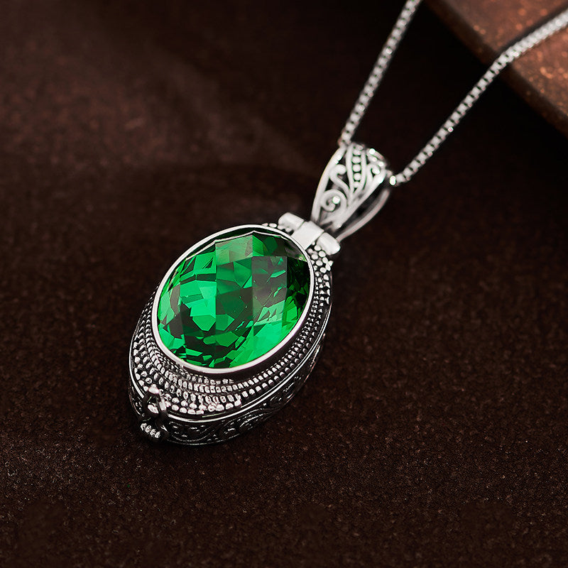 Vintage Tibetan green zircon silver openable Gau Box pendant, unisex necklace for storing sacred charms and spiritual protection, Tibetan Buddhist Jewelry Culture Jewelry art