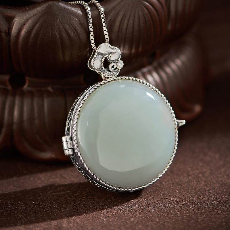 Ethnic Hetian jade silver Gau Box round pendant necklace, unisex spiritual talisman, Tibetan Buddhist Jewelry Culture Jewelry art