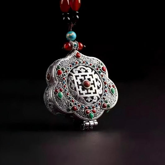 Tibetan-Buddhist Silver Hollow Gau Box: Handmade Jewelry Art