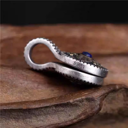  Traditional Vajra Dorje silver counter, handmade with premium Lapis Lazuli for spiritual Jewelry art.
