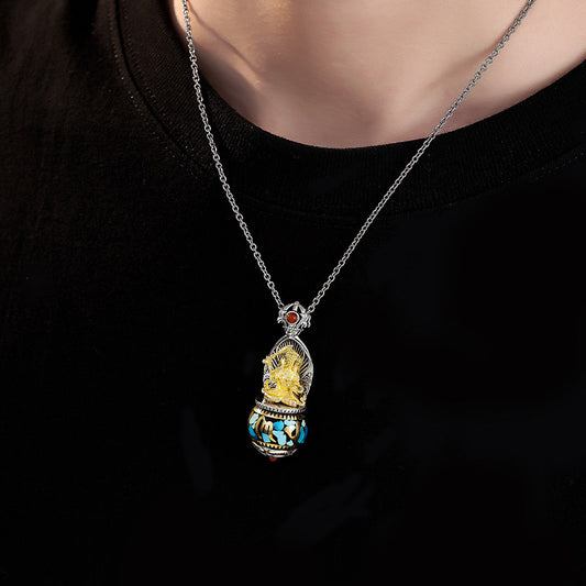 Vintage Tibetan-style Manjushri pendant in silver and copper with turquoise, unisex necklace for spiritual protection and mindfulness, Tibetan Buddhist Jewelry Culture Jewelry art