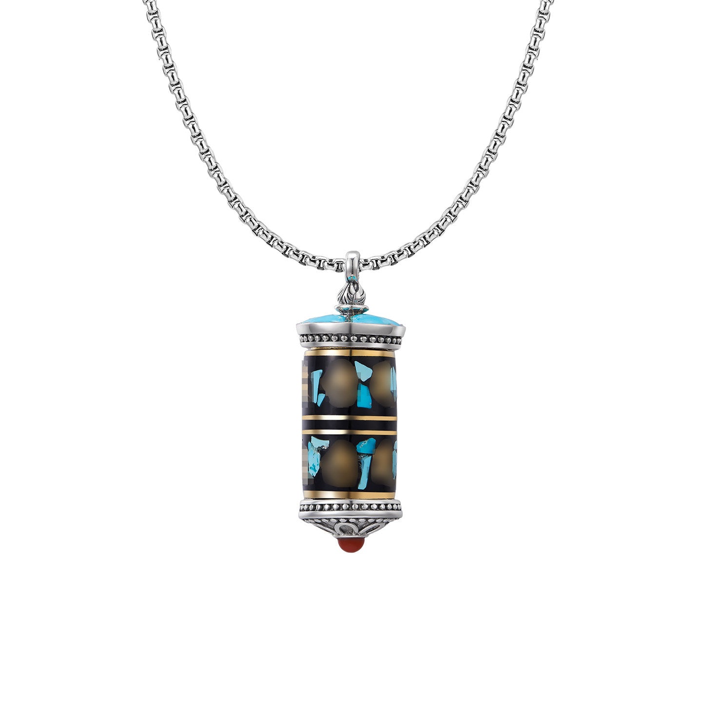 Handmade S925 silver Mantra pendant with turquoise spinning bottle, vintage Tibetan unisex necklace, guardian talisman, Tibetan Buddhist Jewelry Culture Jewelry art