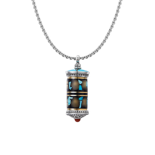 Handmade S925 silver Mantra pendant with turquoise spinning bottle, vintage Tibetan unisex necklace, guardian talisman, Tibetan Buddhist Jewelry Culture Jewelry art