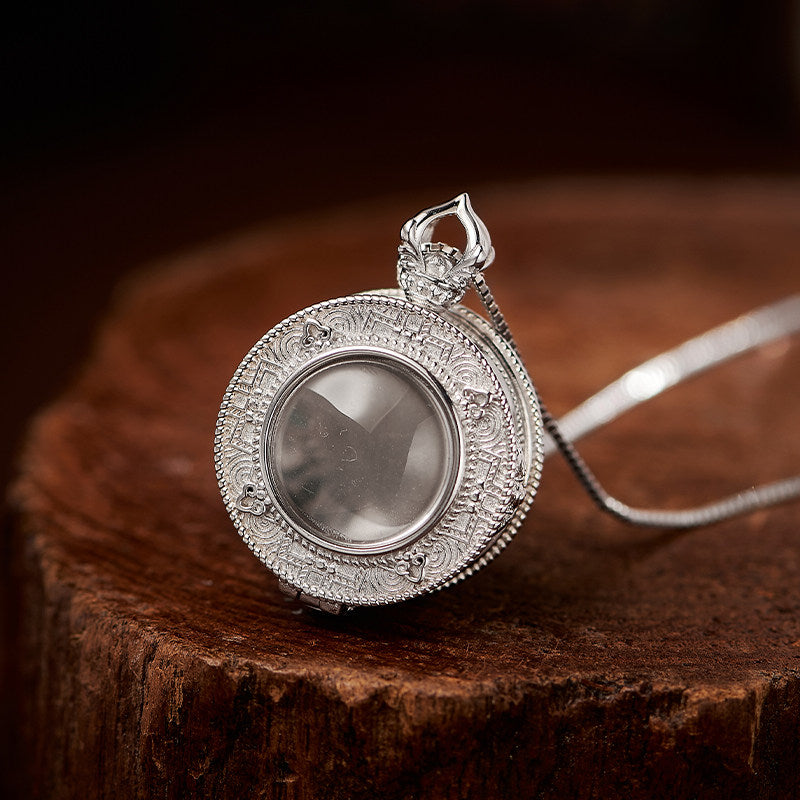 Ethnic white crystal silver copper Gau Box pendant necklace, unisex spiritual talisman for daily wear, Tibetan Buddhist Jewelry Culture Jewelry art