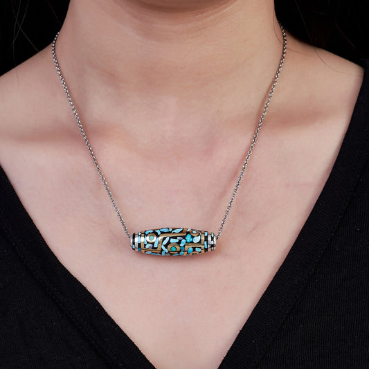 Vintage Tibetan Nine-Eyed Dzi turquoise silver copper pendant, DIY accessory necklace for mindfulness, Tibetan Buddhist Jewelry Culture Jewelry art