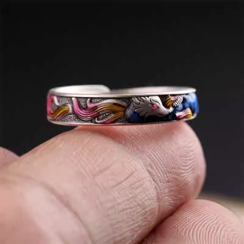 Traditional Peach Blossom Fox silver ring, handmade for spiritual attraction and Jewelry art.
