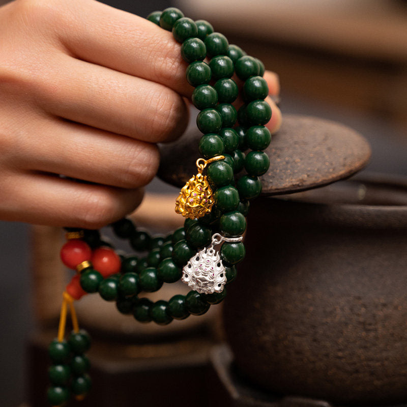 Traditional Flaming Jewel silver necklace, handmade for premium spiritual Jewelry art and financial luck.