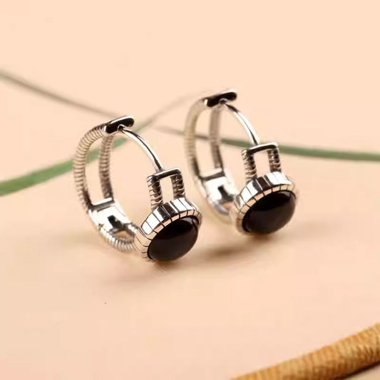 Artisan-crafted Onyx silver ear hoops, combining Tibetan Buddhist Jewelry Culture energy with chic Jewelry art.