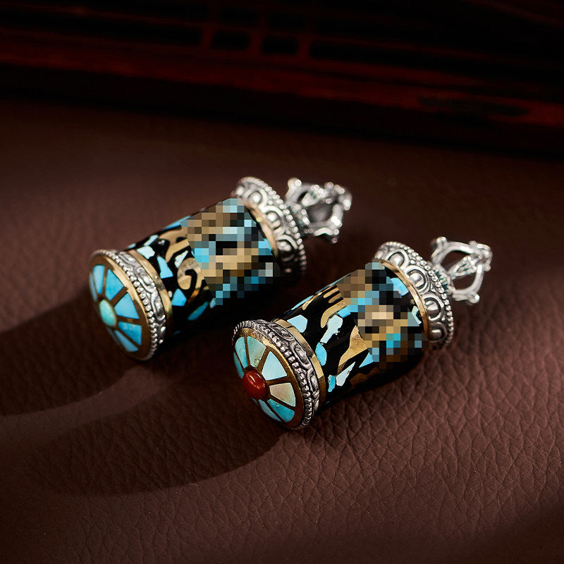 Vintage Tibetan Six-Syllable Mantra turquoise silver copper pendant, openable Gau Box necklace for meditation and blessings, Tibetan Buddhist Jewelry Culture Jewelry art