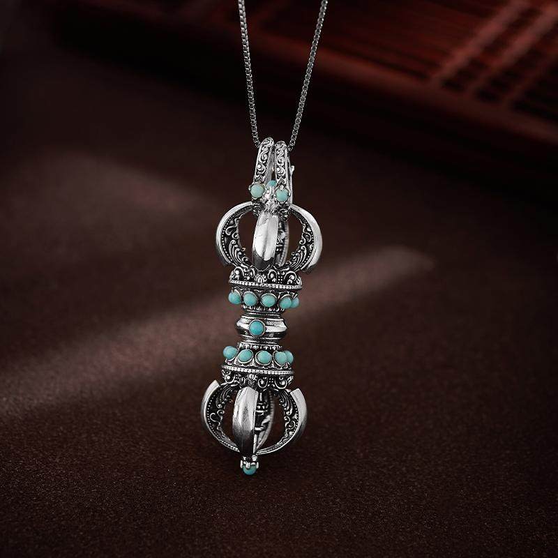 Ethnic Vajra Turquoise Silver pendant, masculine Tibetan necklace, perfect for bold style and spiritual protection, Tibetan Buddhist Jewelry Culture Jewelry art