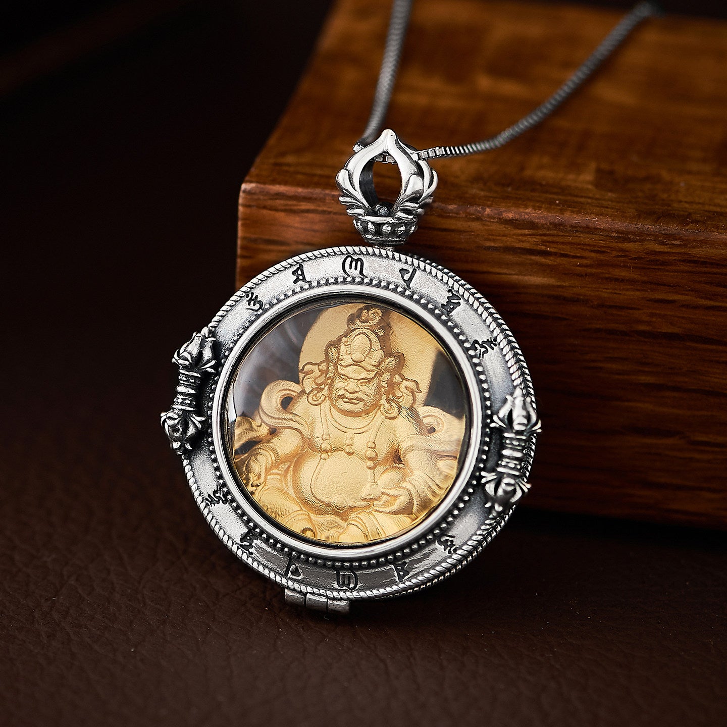 Handmade silver and copper Yellow Jambhala Gau Box pendant, vintage Tibetan unisex necklace, protective charm for wealth, Tibetan Buddhist Jewelry Culture Jewelry art