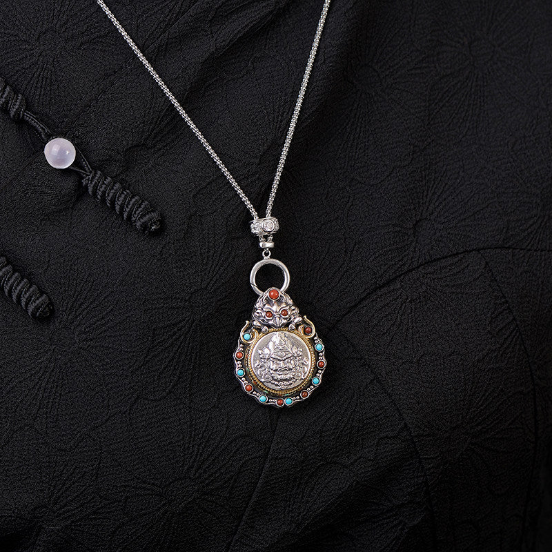 Ethnic Yellow Jambhala Silver Copper Garuda pendant, unisex Tibetan necklace for personal protection and zodiac blessings, Tibetan Buddhist Jewelry Culture Jewelry art