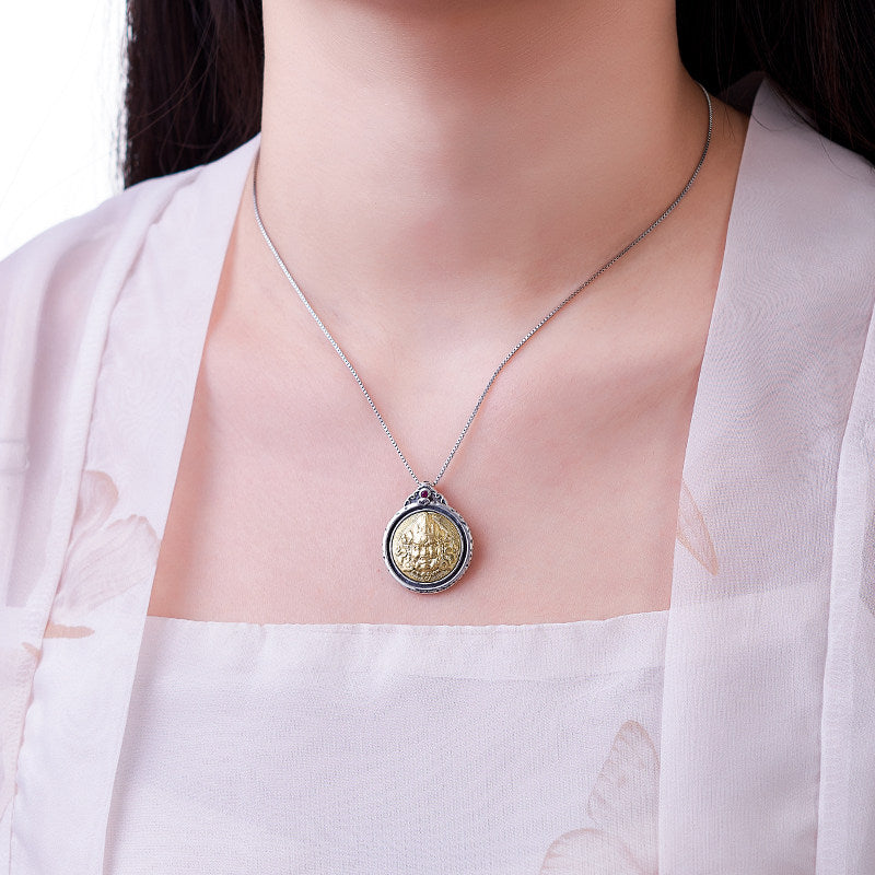 Ethnic Yellow Jambhala Silver Copper round pendant, unisex Tibetan necklace, perfect for gifting, blessings, and spiritual protection, Tibetan Buddhist Jewelry Culture Jewelry art