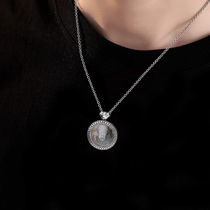 Handmade silver and black baige Zakilam round pendant, unisex Tibetan necklace for spiritual protection, Tibetan Buddhist Jewelry Culture Jewelry art
