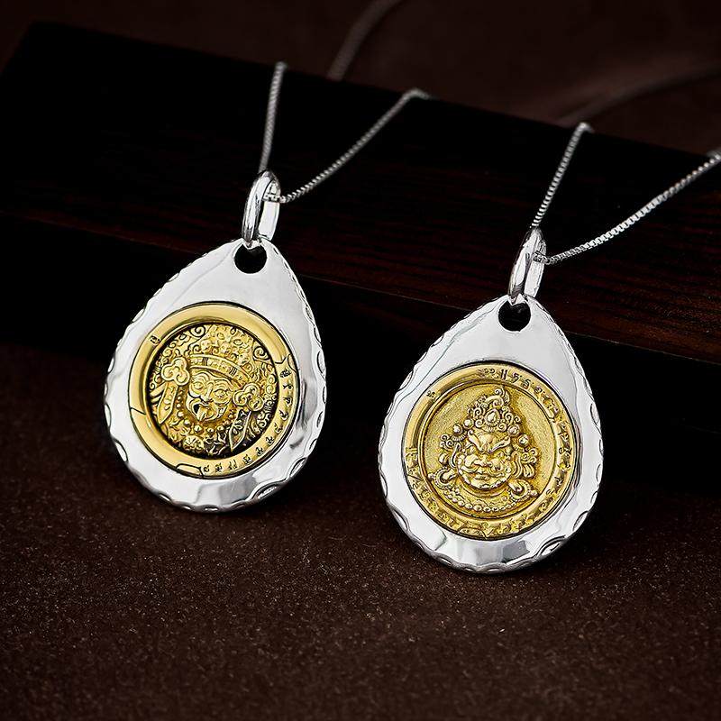 Ethnic Zakilam Mahakala Yellow Jambhala silver copper pendant necklace, unisex spiritual talisman, Tibetan Buddhist Jewelry Culture Jewelry art