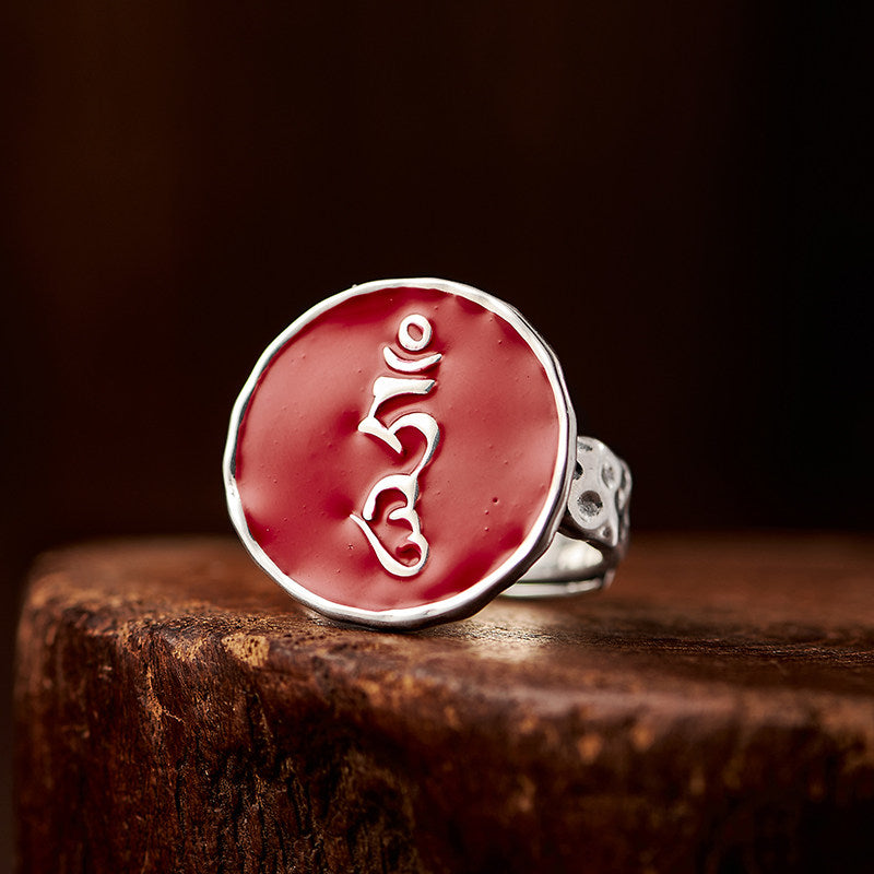 Handmade Zoming Dakini silver resin open ring, minimalist index ring for daily protection, Tibetan Buddhist Jewelry Culture Jewelry art