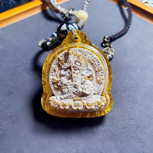Wealth King protection mini Thangka amulet pendant from Tibetan Buddhist Jewelry Culture, hand-crafted Jewelry art necklace for prosperity and spiritual balance