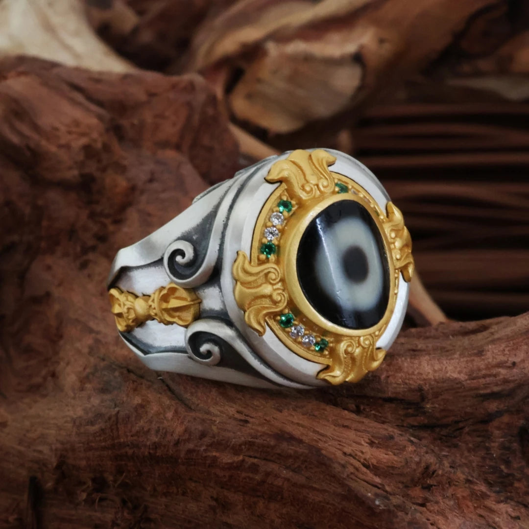 Fine jewelry art Tibetan One-Eye ring, handcrafted for spiritual protection and focused clarity within Tibetan Buddhist Jewelry Culture.