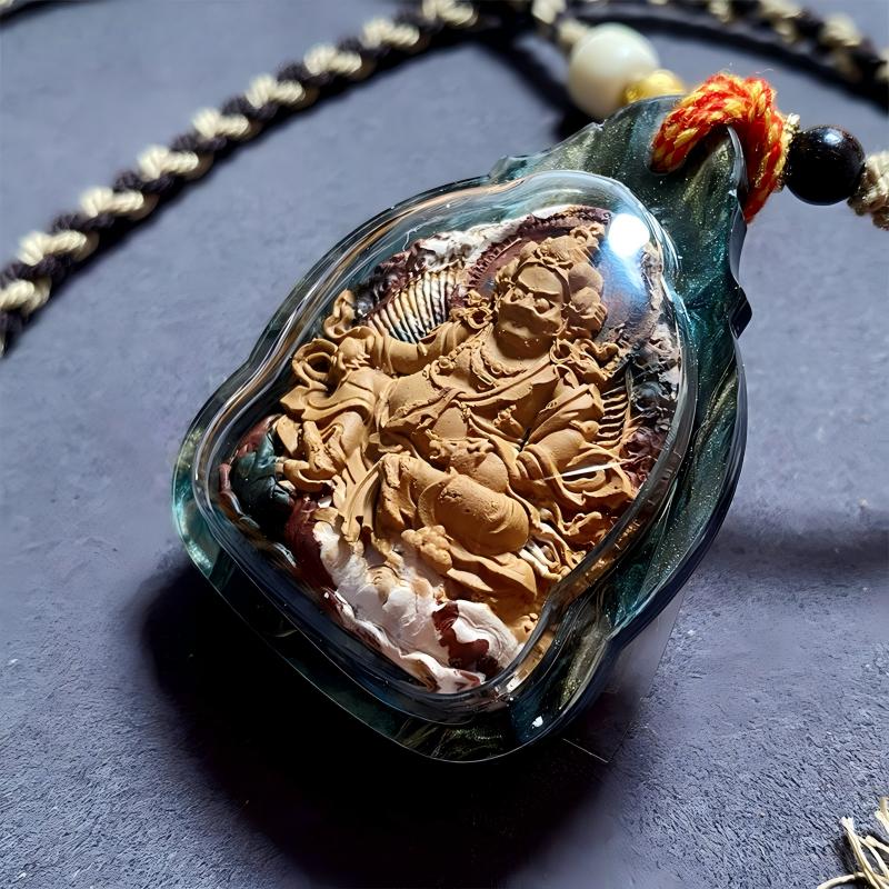 Manual hand-painted Yellow Jambhala Gawu Box pendant, Tibetan Buddhist Jewelry Culture, handmade Jewelry art necklace for abundance, protection, and fortune