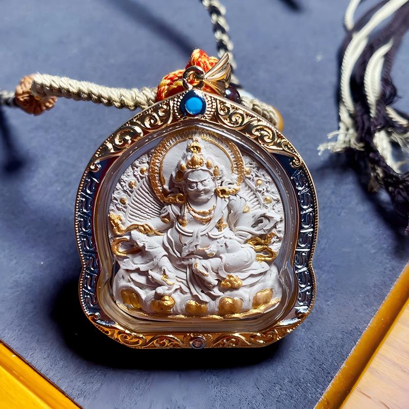 Manual hand-painted Yellow Jambhala metal Gawu pendant, Tibetan Buddhist Jewelry Culture, handmade Jewelry art necklace for abundance, protection, and fortune