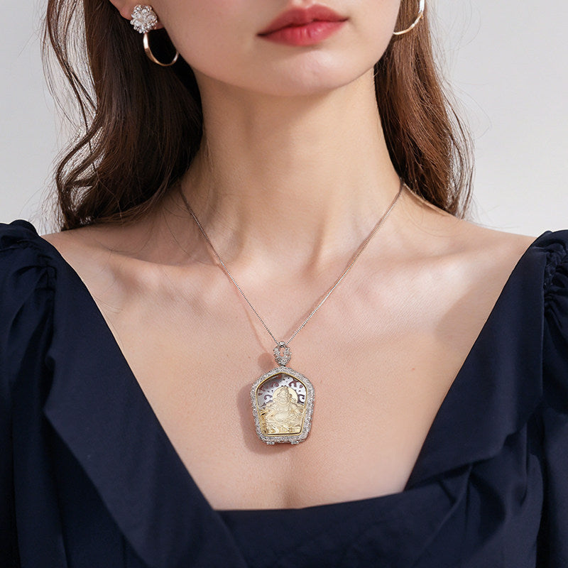 Unisex Tibetan Yellow Jambhala crystal pendant in silver and copper, ethnic necklace for protection, fortune, and spiritual blessings, Tibetan Buddhist Jewelry Culture Jewelry art