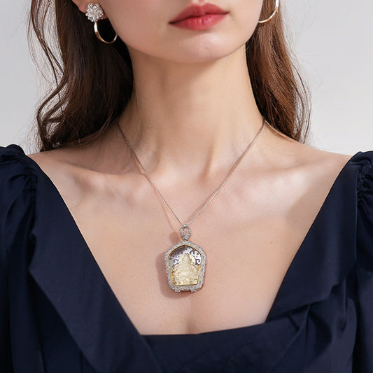 Unisex Tibetan Yellow Jambhala crystal pendant in silver and copper, ethnic necklace for protection, fortune, and spiritual blessings, Tibetan Buddhist Jewelry Culture Jewelry art