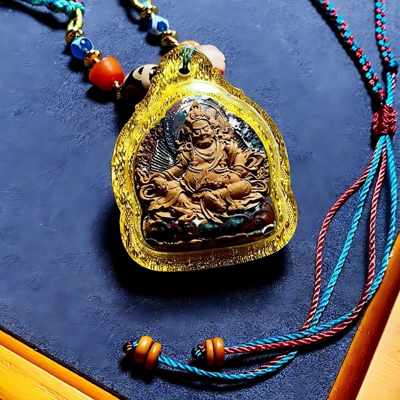 Yellow Jambhala wealth multicolor Thangka Gawu amulet pendant from Tibetan Buddhist Jewelry Culture, hand-crafted Jewelry art necklace for spiritual power and prosperity