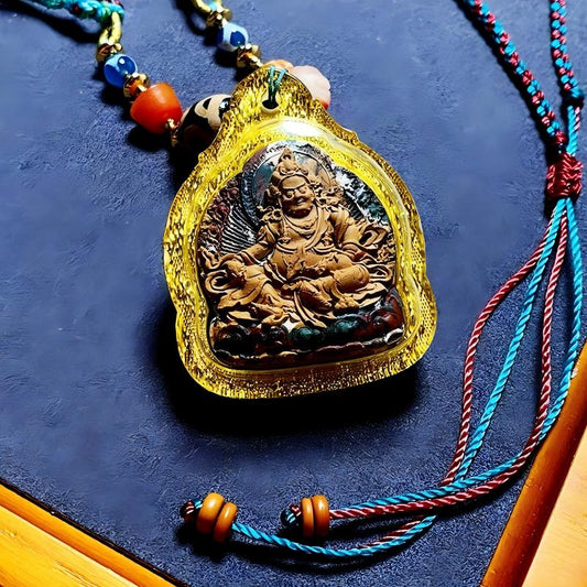 Yellow Jambhala wealth multicolor Thangka Gawu amulet pendant from Tibetan Buddhist Jewelry Culture, hand-crafted Jewelry art necklace for spiritual power and prosperity