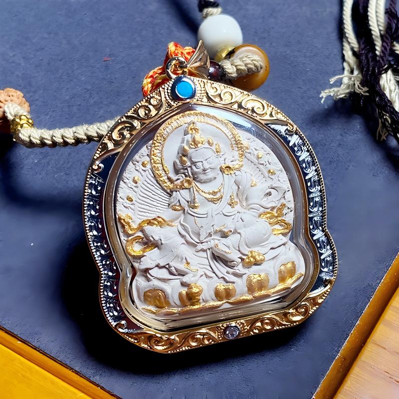 Yellow Jambhala wealth Thangka metal Gawu amulet pendant from Tibetan Buddhist Jewelry Culture, hand-crafted Jewelry art necklace for spiritual power and prosperity