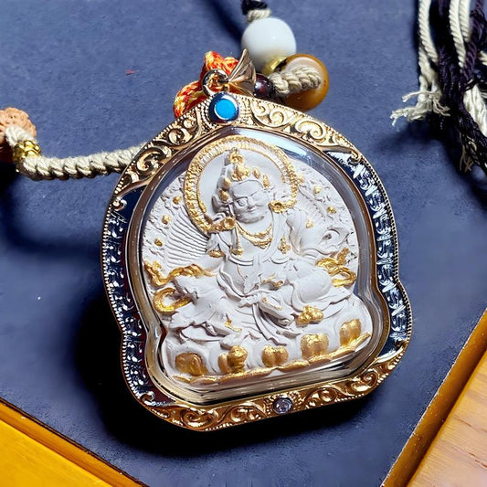 Yellow Jambhala wealth Thangka metal Gawu amulet pendant from Tibetan Buddhist Jewelry Culture, hand-crafted Jewelry art necklace for spiritual power and prosperity