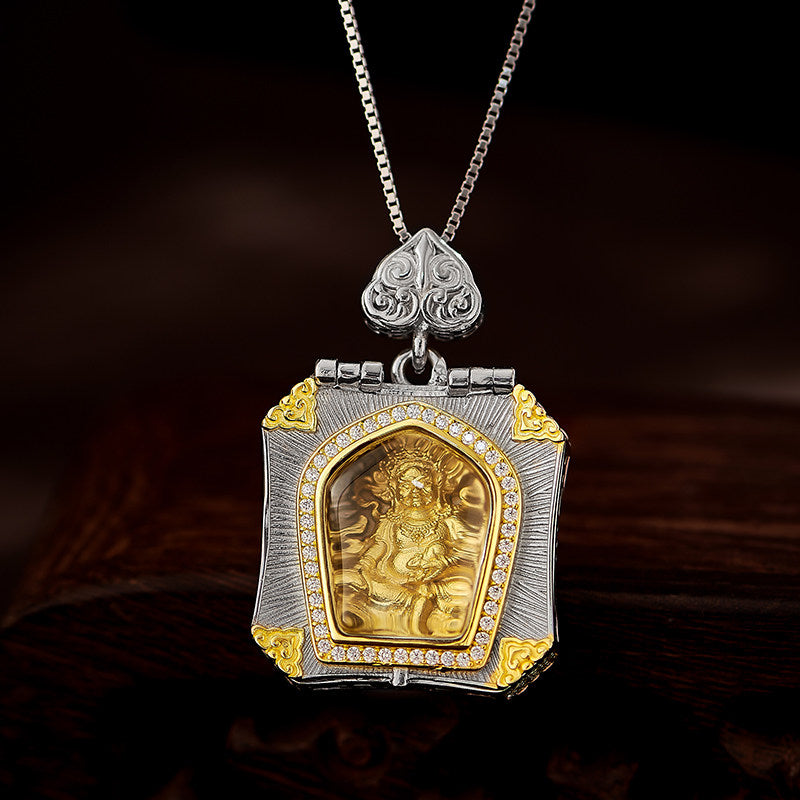 Vintage Tibetan Yellow Jambhala white crystal silver copper open pendant, rotating wealth amulet, Tibetan Buddhist Jewelry Culture Jewelry art