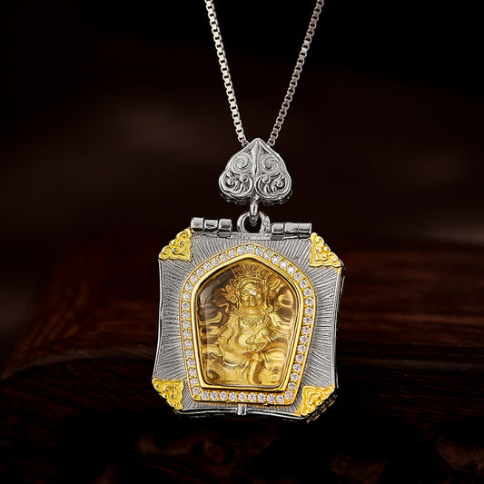 Vintage Tibetan Yellow Jambhala white crystal silver copper open pendant, rotating wealth amulet, Tibetan Buddhist Jewelry Culture Jewelry art