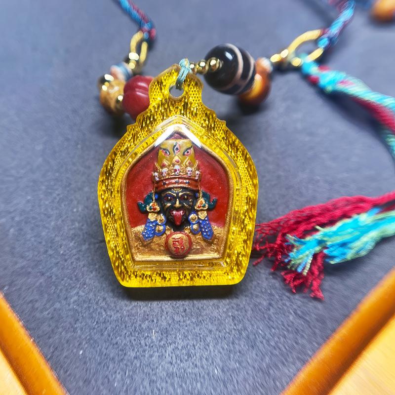 Manual mineral pigment Zaki Lamu amulet pendant from Tibetan Buddhist Jewelry Culture, handmade Jewelry art necklace for spiritual protection and positive energy